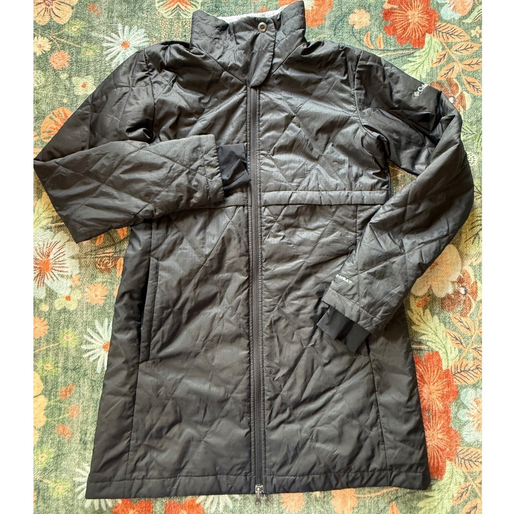 Columbia Omni-Heat Quilted Long Jacket Black Full Zip Thumbhole Cuffs XL5040 S